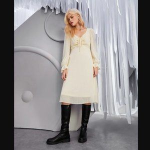 New Cream Drawstring Flounce Sleeve Midi Dress, size 8/10
